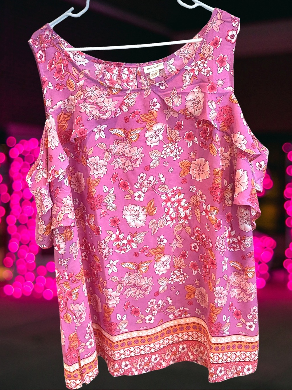 🆕Avenue Women’s plus-size Hot Pink Floral Ruffle Cold-shoulder Blouse Top🩷🩷3X